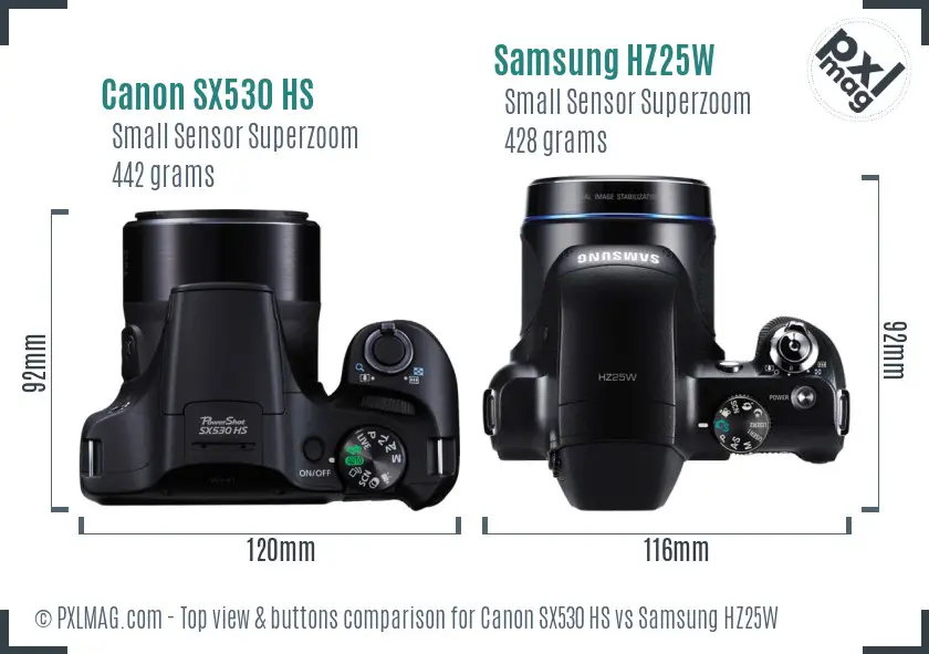 Canon SX530 HS vs Samsung HZ25W top view buttons comparison