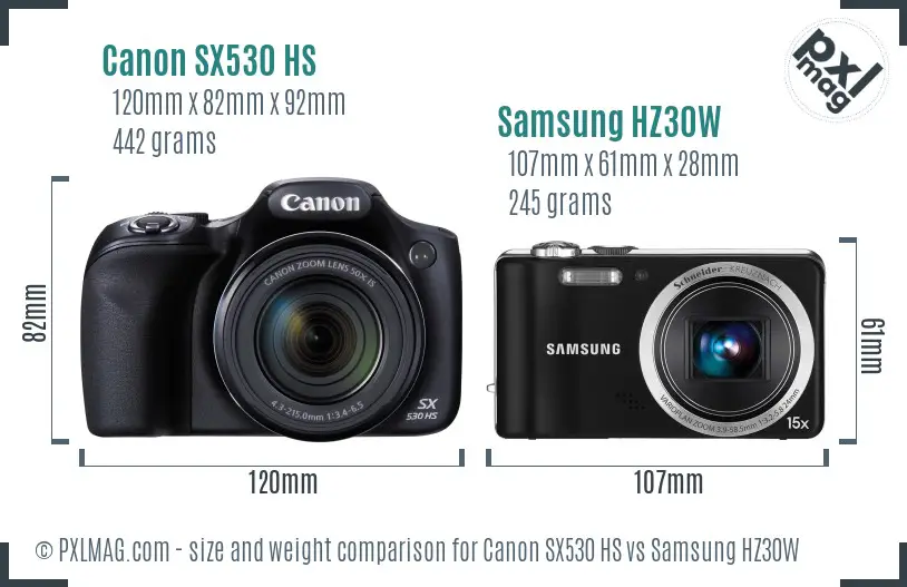 Canon SX530 HS vs Samsung HZ30W size comparison