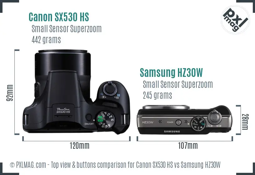 Canon SX530 HS vs Samsung HZ30W top view buttons comparison