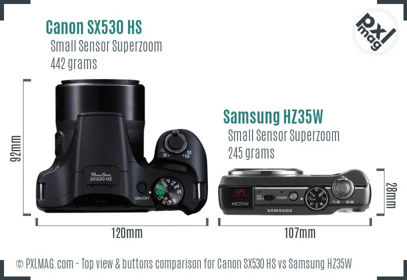 Canon SX530 HS vs Samsung HZ35W top view buttons comparison