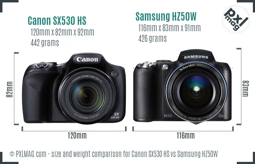 Canon SX530 HS vs Samsung HZ50W size comparison
