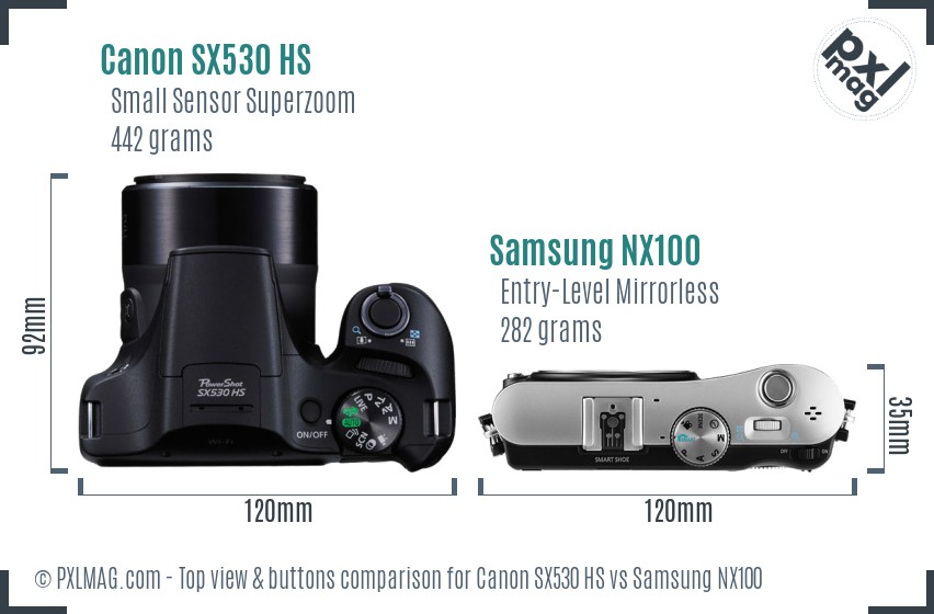 Canon SX530 HS vs Samsung NX100 top view buttons comparison