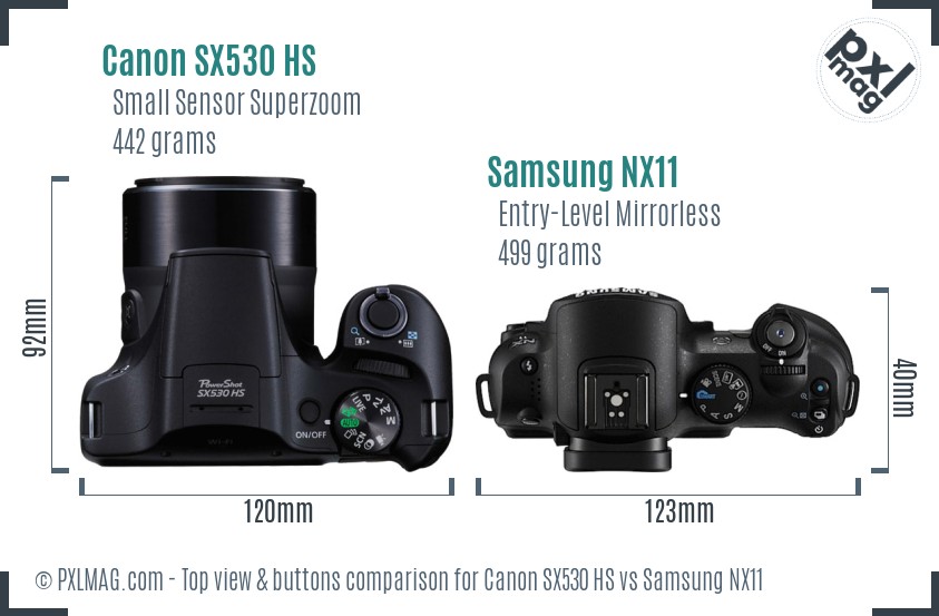 Canon SX530 HS vs Samsung NX11 top view buttons comparison