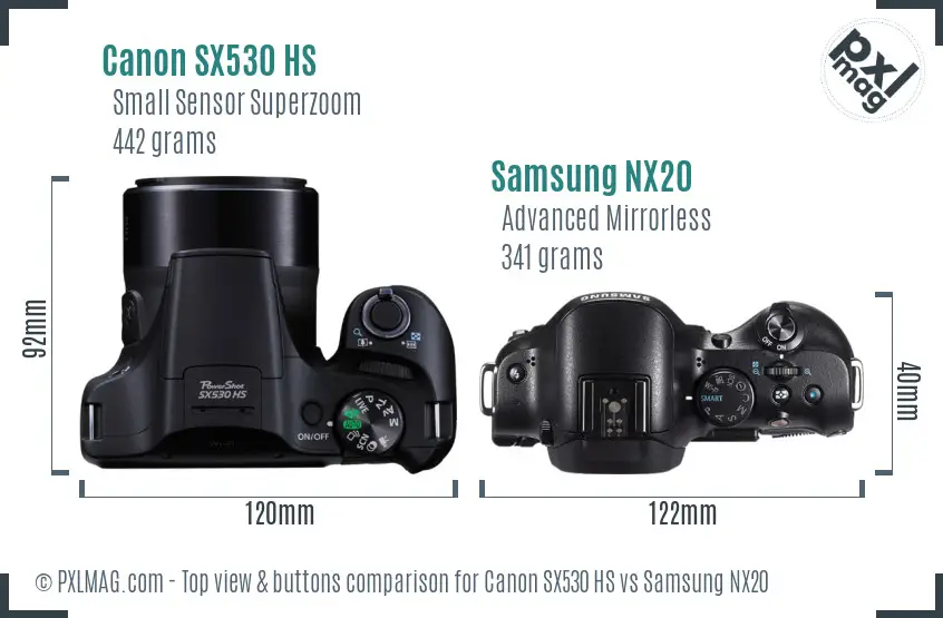 Canon SX530 HS vs Samsung NX20 top view buttons comparison Canon SX530 HS vs Samsung NX20 top view buttons comparison