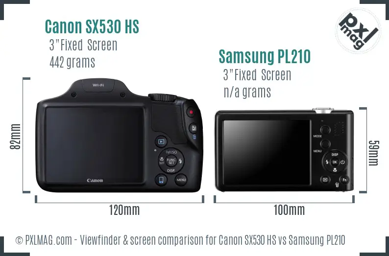 Canon SX530 HS vs Samsung PL210 Screen and Viewfinder comparison