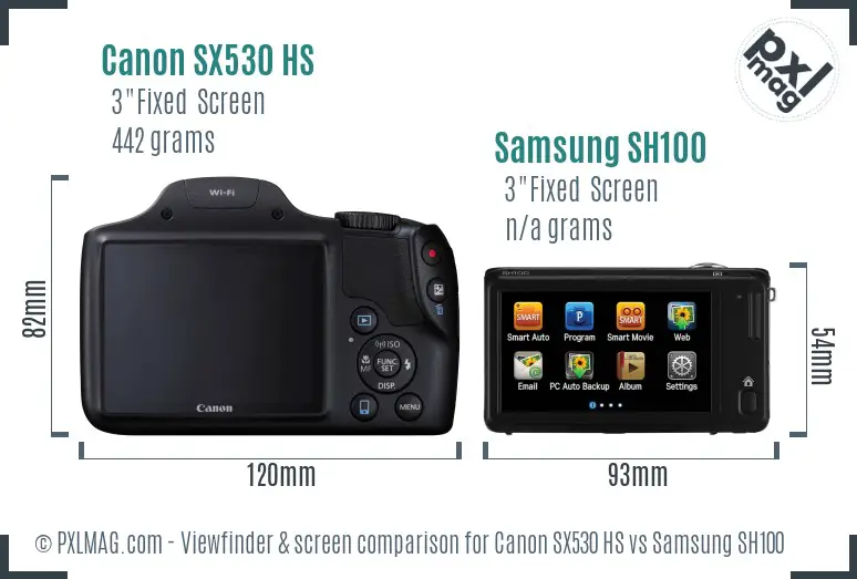 Canon SX530 HS vs Samsung SH100 Screen and Viewfinder comparison