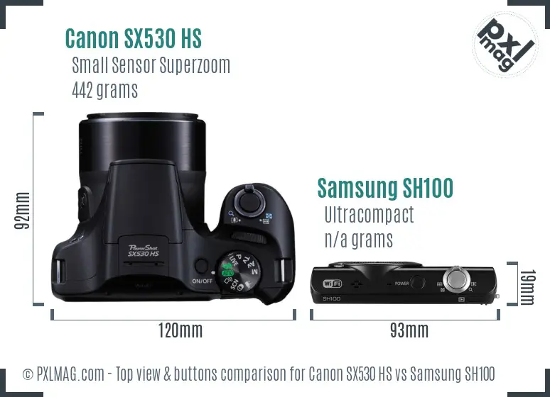 Canon SX530 HS vs Samsung SH100 top view buttons comparison
