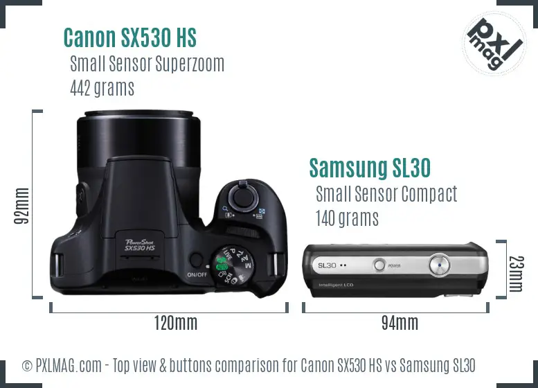 Canon SX530 HS vs Samsung SL30 top view buttons comparison Canon SX530 HS vs Samsung SL30 top view buttons comparison