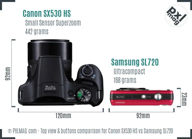 Canon SX530 HS vs Samsung SL720 top view buttons comparison Canon SX530 HS vs Samsung SL720 top view buttons comparison