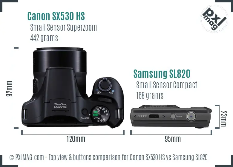 Canon SX530 HS vs Samsung SL820 top view buttons comparison Canon SX530 HS vs Samsung SL820 top view buttons comparison