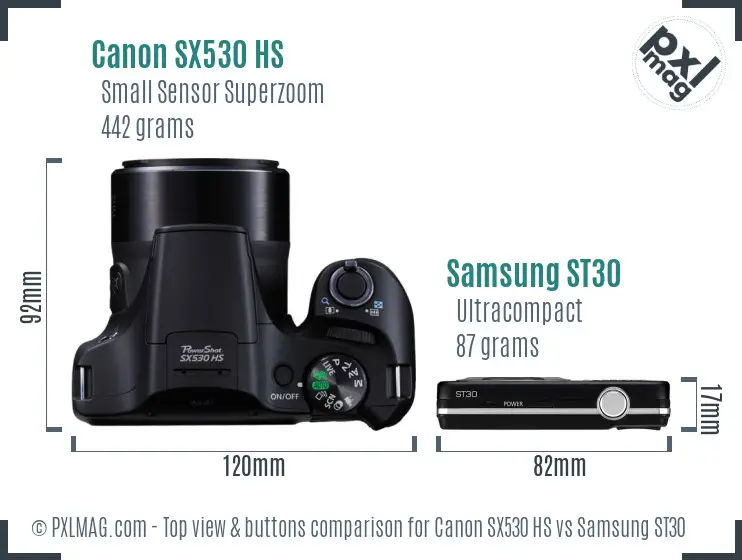 Canon SX530 HS vs Samsung ST30 top view buttons comparison