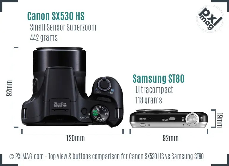 Canon SX530 HS vs Samsung ST80 top view buttons comparison Canon SX530 HS vs Samsung ST80 top view buttons comparison