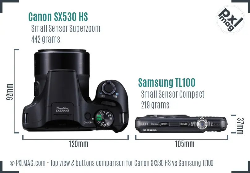 Canon SX530 HS vs Samsung TL100 top view buttons comparison