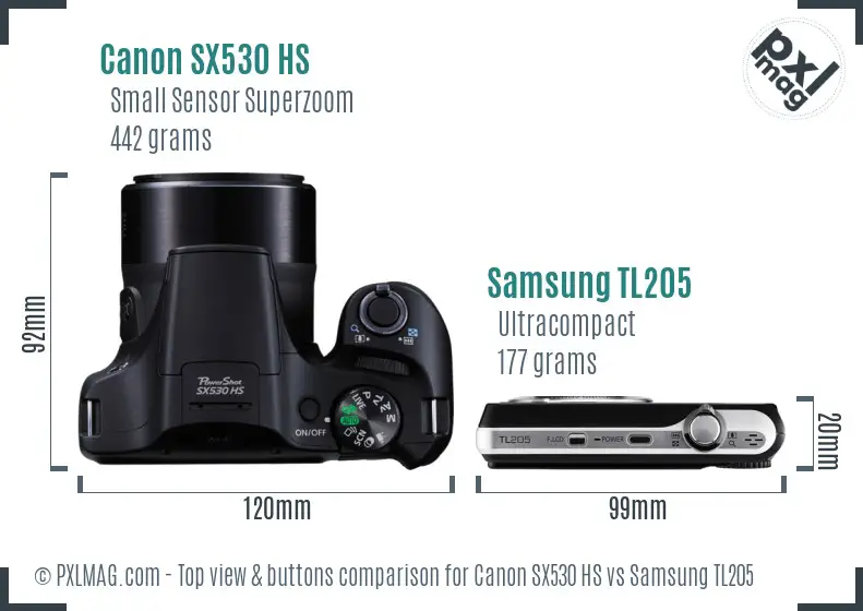 Canon SX530 HS vs Samsung TL205 top view buttons comparison Canon SX530 HS vs Samsung TL205 top view buttons comparison