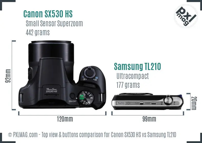 Canon SX530 HS vs Samsung TL210 top view buttons comparison Canon SX530 HS vs Samsung TL210 top view buttons comparison