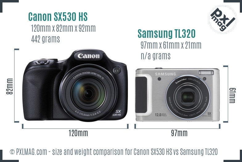 Canon SX530 HS vs Samsung TL320 size comparison