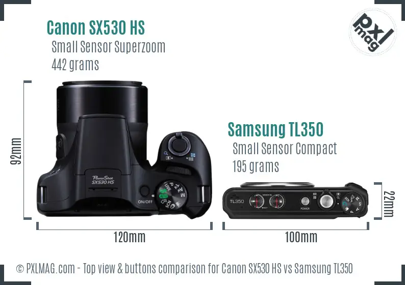 Canon SX530 HS vs Samsung TL350 top view buttons comparison Canon SX530 HS vs Samsung TL350 top view buttons comparison