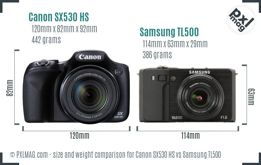 Canon SX530 HS vs Samsung TL500 size comparison