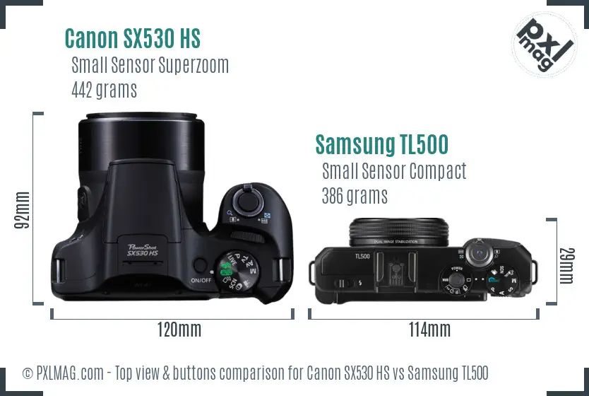 Canon SX530 HS vs Samsung TL500 top view buttons comparison