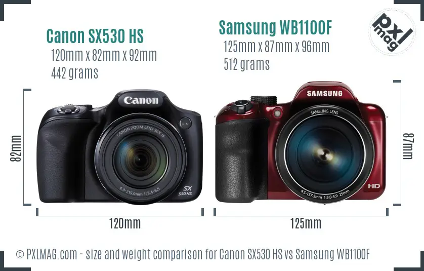 Canon SX530 HS vs Samsung WB1100F size comparison