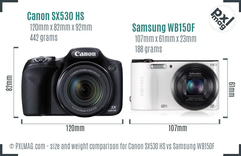 Canon SX530 HS vs Samsung WB150F size comparison