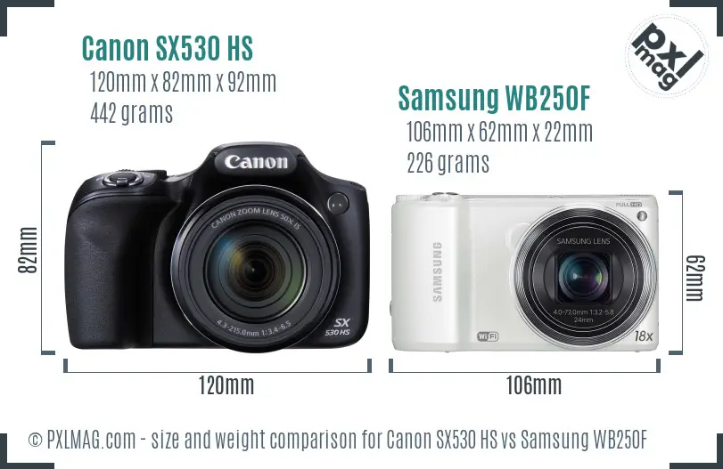 Canon SX530 HS vs Samsung WB250F size comparison