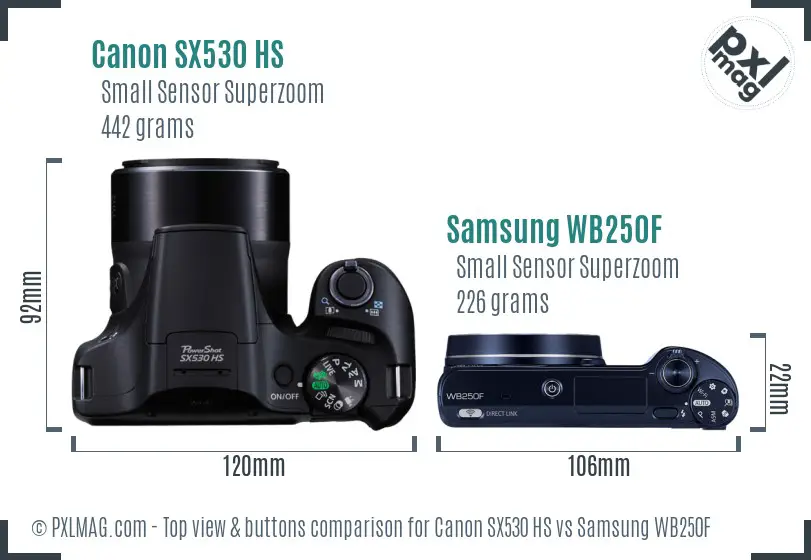 Canon SX530 HS vs Samsung WB250F top view buttons comparison