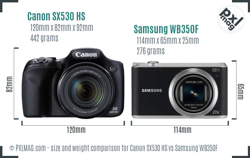 Canon SX530 HS vs Samsung WB350F size comparison