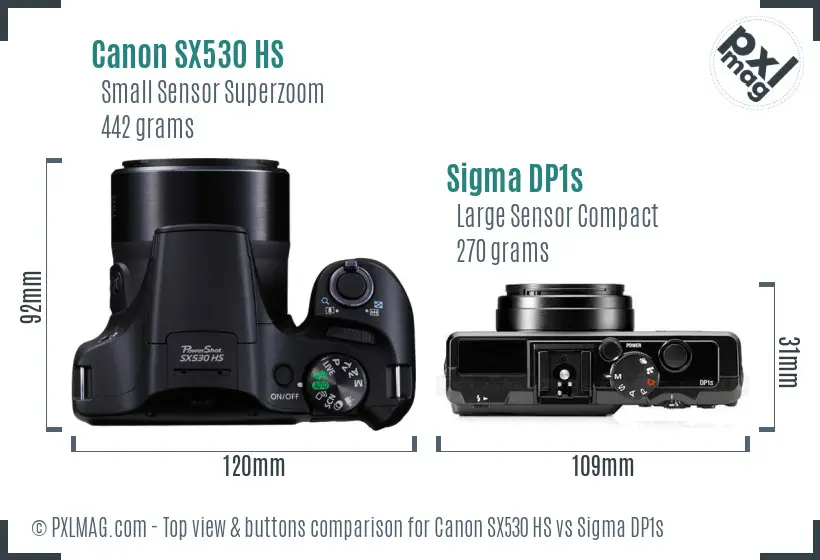 Canon SX530 HS vs Sigma DP1s top view buttons comparison Canon SX530 HS vs Sigma DP1s top view buttons comparison