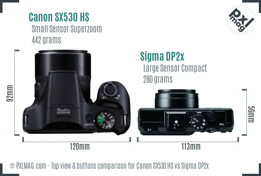 Canon SX530 HS vs Sigma DP2x top view buttons comparison Canon SX530 HS vs Sigma DP2x top view buttons comparison