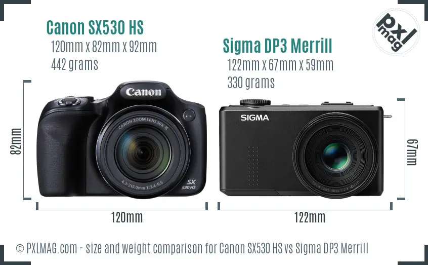 Canon SX530 HS vs Sigma DP3 Merrill size comparison