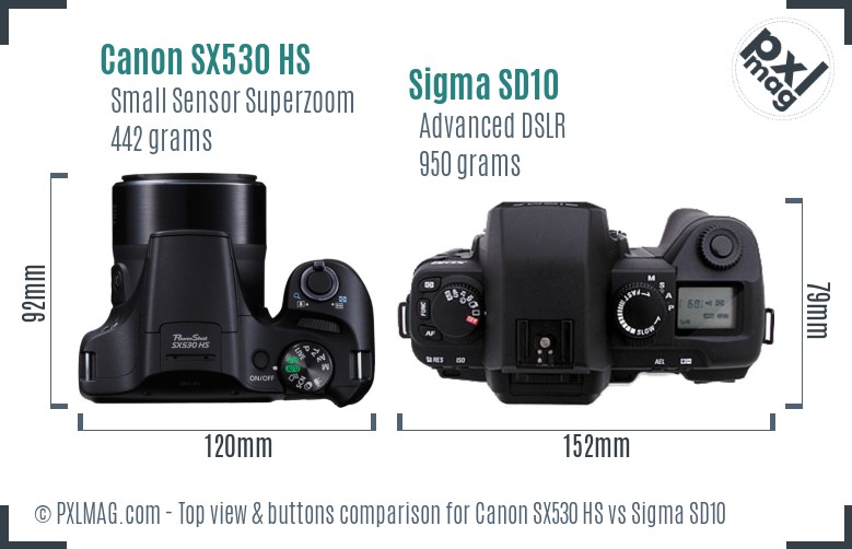 Canon SX530 HS vs Sigma SD10 top view buttons comparison
