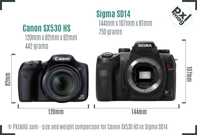 Canon SX530 HS vs Sigma SD14 size comparison