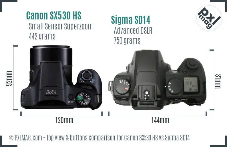 Canon SX530 HS vs Sigma SD14 top view buttons comparison