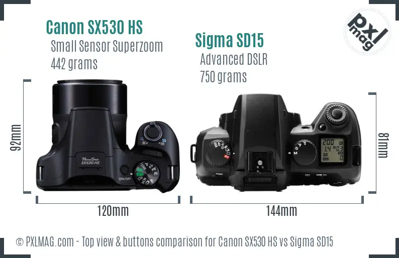 Canon SX530 HS vs Sigma SD15 top view buttons comparison