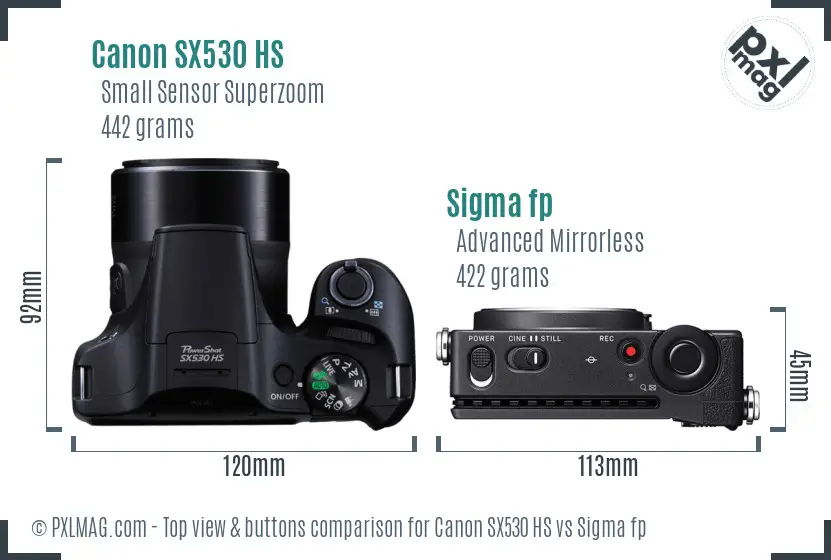 Canon SX530 HS vs Sigma fp top view buttons comparison Canon SX530 HS vs Sigma fp top view buttons comparison