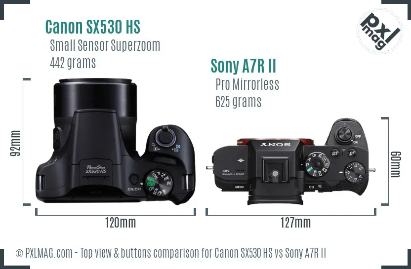 Canon SX530 HS vs Sony A7R II top view buttons comparison