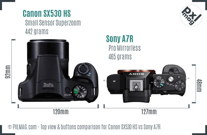 Canon SX530 HS vs Sony A7R top view buttons comparison