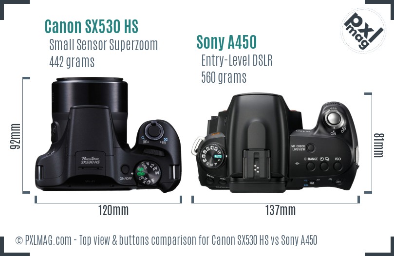 Canon SX530 HS vs Sony A450 top view buttons comparison