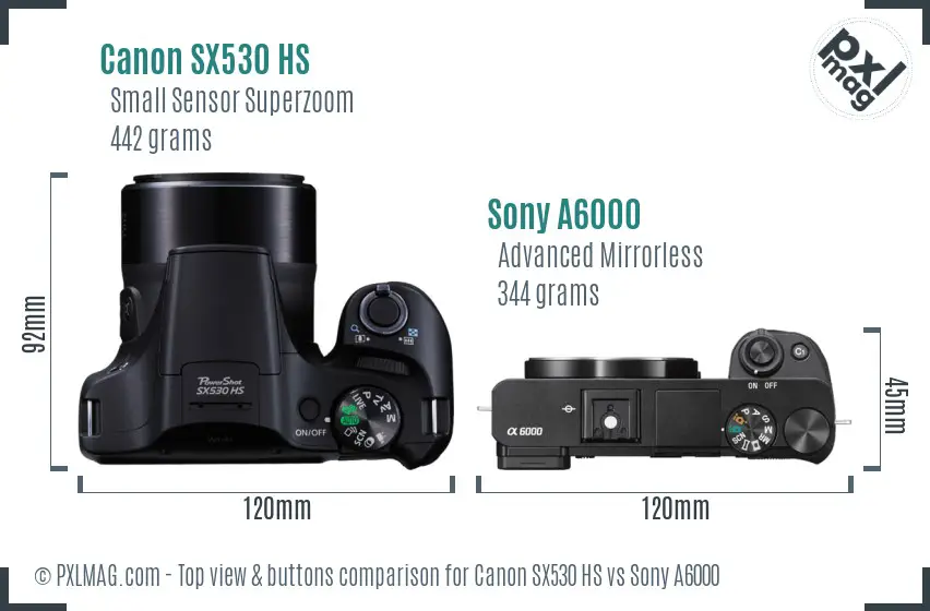 Canon SX530 HS vs Sony A6000 top view buttons comparison