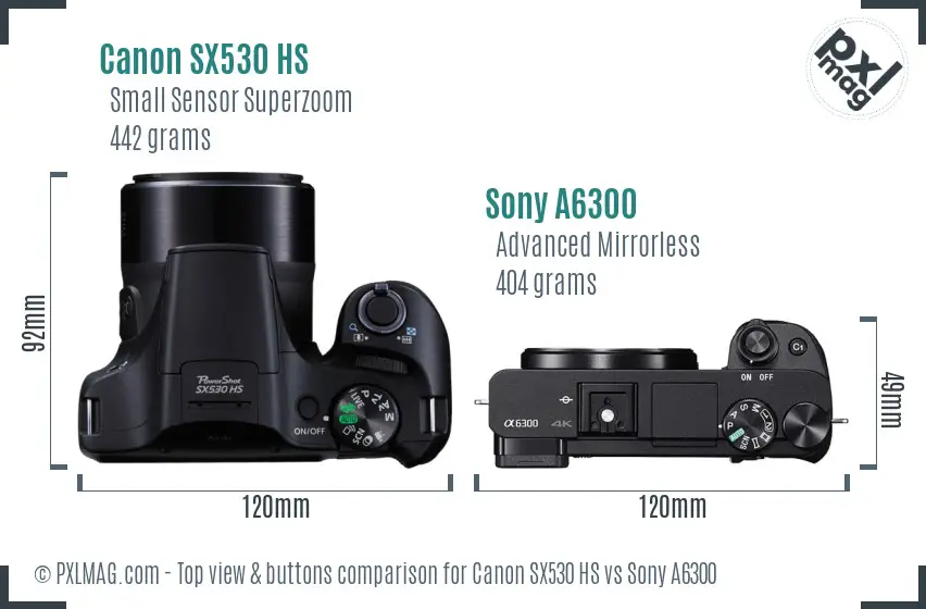 Canon SX530 HS vs Sony A6300 top view buttons comparison