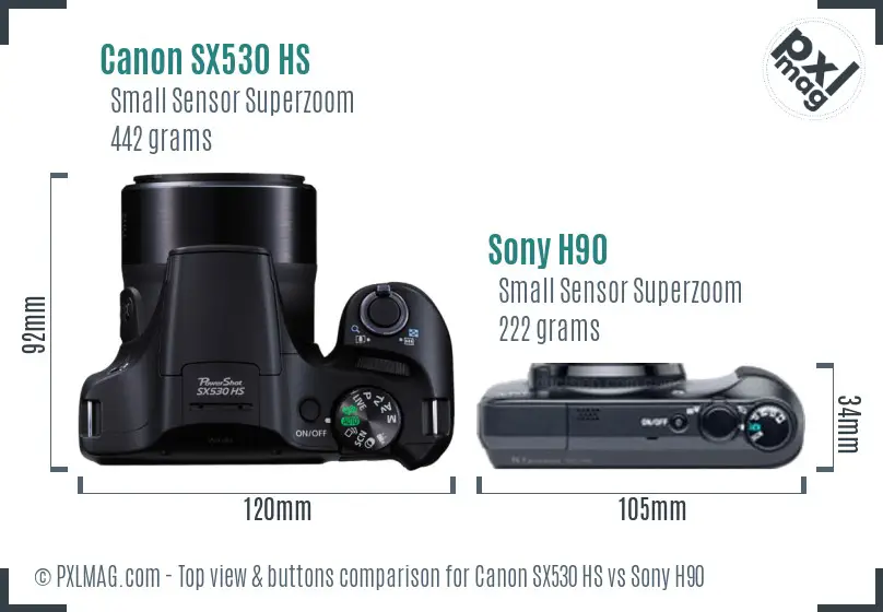 Canon SX530 HS vs Sony H90 top view buttons comparison Canon SX530 HS vs Sony H90 top view buttons comparison