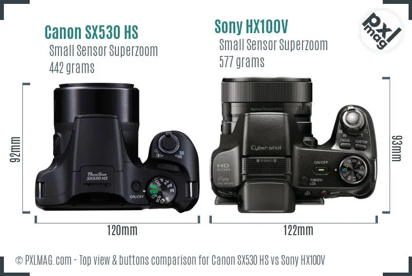 Canon SX530 HS vs Sony HX100V top view buttons comparison Canon SX530 HS vs Sony HX100V top view buttons comparison