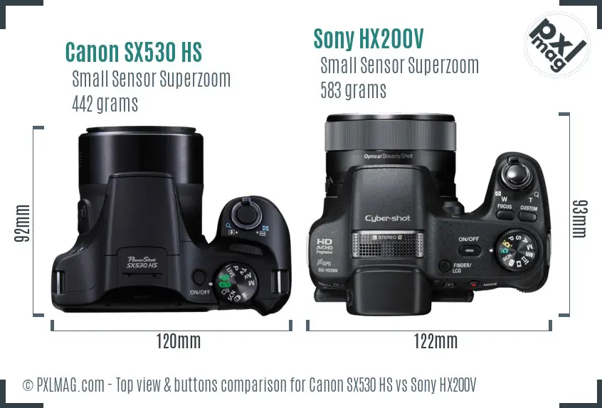 Canon SX530 HS vs Sony HX200V top view buttons comparison