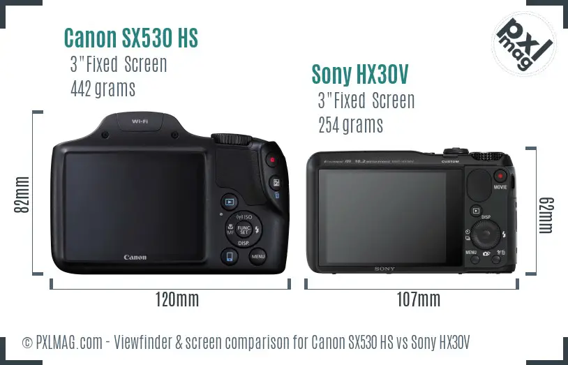 Canon SX530 HS vs Sony HX30V Screen and Viewfinder comparison