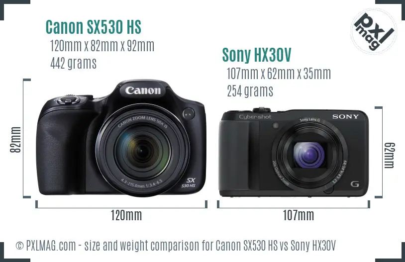 Canon SX530 HS vs Sony HX30V size comparison