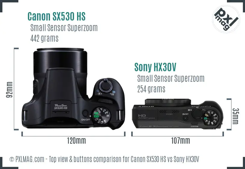 Canon SX530 HS vs Sony HX30V top view buttons comparison