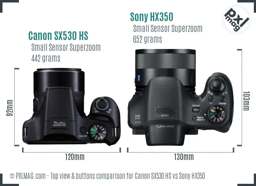Canon SX530 HS vs Sony HX350 top view buttons comparison