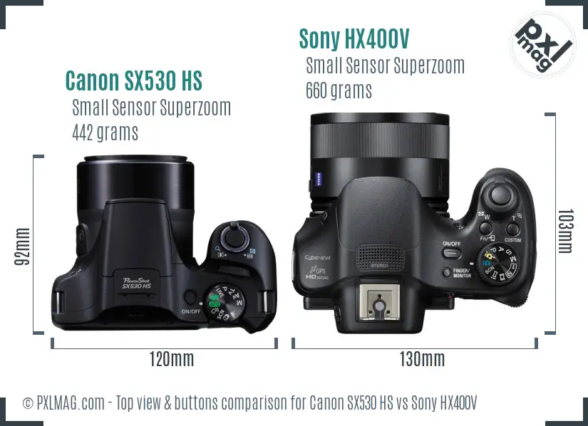 Canon SX530 HS vs Sony HX400V top view buttons comparison
