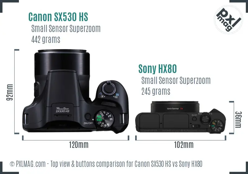 Canon SX530 HS vs Sony HX80 top view buttons comparison